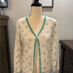 Adorable Pickleball Print Chic White Cardigan with Green Details